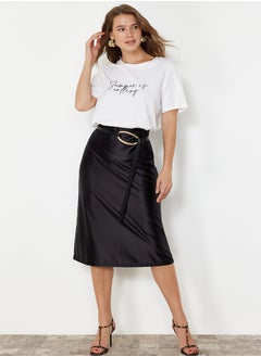 Buy Black Premium Satin A-Line/Alarm Form Midi Knitted Skirt TWOAW24ET00088 in Egypt