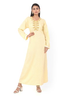 اشتري FLORAL FRONT NECK EMBROIDERED WITH PRINTED YELLOW COLOUR ARABIC KAFTAN JALABIYA DRESS في السعودية