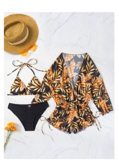 Buy 3 Piece Swimsuit Print Halter Strappy Swimsuit Bikini Brown in Saudi Arabia