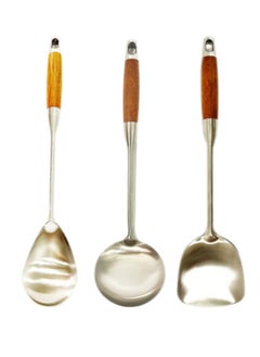 Buy 3 Pcs Stainless Steel Kitchen Utensils/Spoon Set | Wooden Handle | Long Handle Spoons | Ladle/Turner/ Rice Spoon | Soup/Gravy Ladle | Frying/Grilling Turner | BC313+BC314+BC318 in Saudi Arabia