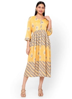 Buy FRONT STYLED BUTTONED SOFT VISCOSE YELLOW COLOUR SHORT PRINTED CASUAL ARABIC KAFTAN JALABIYA DRESS in Saudi Arabia