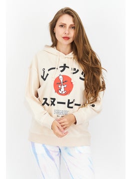 Buy Women Oversized Fit Hooded Long Sleeve Graphic Print Sweatshirt, Beige in Saudi Arabia