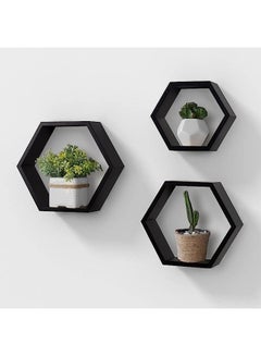 Buy Hexagon Wall Mounted Hanging Shelves, Wooden 3 Piece Hanging Shelf Black in Saudi Arabia