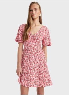 Buy V-Neck Floral Mini Short Sleeve Woven Dress in UAE