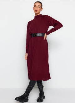 Buy Damson Faux Leather Belted High Neck Knitwear Dress TCTAW24EB00030 in Egypt