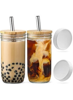 اشتري Glass Cups Set - 24oz Jar Drinking Glasses w Bamboo Lids Straws 2 Airtight Lids - Cute Reusable Boba Bottle, Iced Coffee Glasses, Travel Tumbler for Bubble Tea, smoothie, Juice - 2 Pack في السعودية