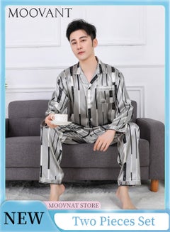 اشتري 2-Piece Pajamas Set Casual Unisex Silk Satin Long Sleeve Pants Suit Sleepwear Fashion Striped Home Wear Clothes Loungewear Grey في السعودية