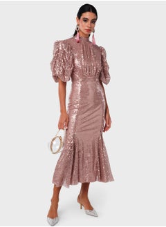 Buy Back Open Sequin Puff Sleeve Dress in Saudi Arabia