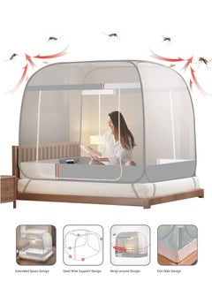 Buy Pop up Mosquito Net Foldable Mosquito Bed Cover with Frame Square 360º Polyester Coated Home Netting Canopy, Double 1.8M Bed Tent Mesh with 2 Entries Phone Charing Pocket for Adults Baby Room (Grey) in Saudi Arabia