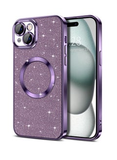 Buy iPhone 15 Case Glitter, Clear Magnetic Phone Cases with Camera Lens Protector [Compatible with MagSafe] Bling Sparkle Plating Soft TPU Slim Shockproof Protective Cover Women Girls in UAE