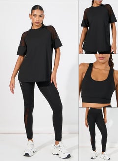 Buy Pack of 3 - Shoulder Mesh Detail Top, Back Dual Tear Drop Sports Bra & Leggings Set in Saudi Arabia