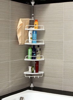 Buy Bathroom Corner 4 Tier Multi-Functional Adjustable Rustproof Shower Caddy Telescopic Shelf Wall Rack Organizer With Towel Bar Shelves Tray Hooks Wall Mounted Storage Rack and Hanger in UAE