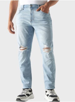 Buy Straight Fit Light Wash Ripped Jeans in Saudi Arabia