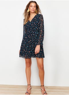 Buy Navy Blue Floral Print Belted Double Breasted Lined Mini Chiffon Woven Dress TWOAW20EL1628 in Egypt