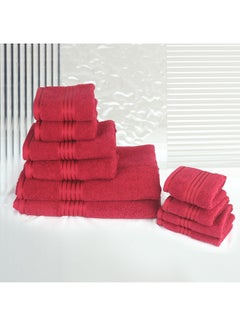 اشتري 10 Pcs Events Dyed Towel set 550 GSM 100% Cotton Terry Viscose Border 2xBath Towel 75x145cm 2xHand Towel 50x90cm 2xGuest Towel 40x60cm 2xBaby Towel 30x50cm & 2xFace Towel 33x33cm Red Color في الامارات