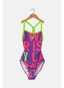 Buy Women One Piece Graphic Print Swimsuit, Purple and Leaf in Saudi Arabia