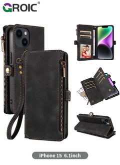 Buy Black Wallet Case Compatible for iPhone 15, Flip Leather Case with Removable Wristlet Strap and 9 Card Holder, RFID Blocking Magnetic Closure Case with Zipper in UAE