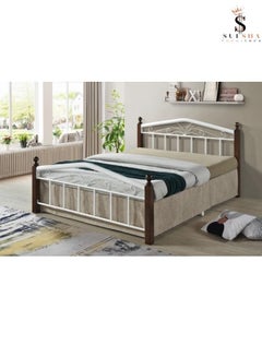 Buy Wooden Steel Queen Size Bed with Medical Mattress Cherry Brown Legs 150 x 190 cm in UAE