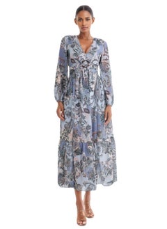 اشتري Long Sleeve Boho Paisley Print Maxi Dress with Empire Waist - Blue and Multicolor في الامارات