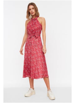 Buy Pink Floral Print Belted A-line Halter Neck Sleeveless Midi Lined Woven Dress TWOSS20EL2536 in Egypt