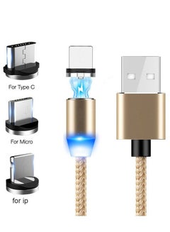 Buy 3 in 1 Fast Charger Multi Function 2.4A Charger 1M Cable, Magnetic Suction Cable Cord Adapter with Lightning/Type C/Micro Port (1Meter,Gold) in Saudi Arabia