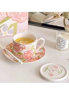 Buy Porcelain Coffee Cup And Saucer, Hand Crafted Flower Shaped Coffee Cup with Spoon, Gift Box ,250 ML Capacity, in UAE