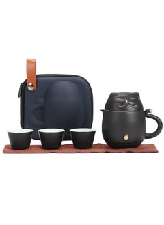 اشتري Travel Tea Set, Portable Ceramic Kung Fu Teapot Infuser Set Smiley Cat Shape with 1 Teapot 3 Tea Cups for Outdoor Car Travel Home Gifts and Office (Black) في الامارات