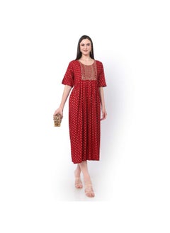 Buy SHORT RED DRESS WITH GOLD PRINT AND EMBROIDRED ARABIC JALABIYA DRESS in UAE