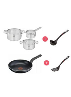 اشتري Tefal 9 Piece Cookware Set Stainless Steel Saucepan 16cm Cooking Pots 20 & 24cm With Lid Cooking Pot and Frying Pan 32cm With Slotted Spatula and Ladle Non-stick Frying Pan في الامارات