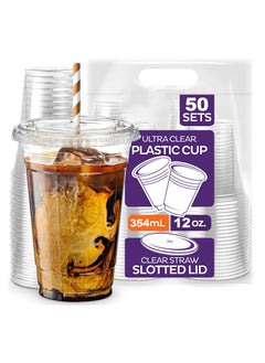 Buy 50 Pcs 354ml or 12 Oz PLA Plastic Cups with Flat Lids Disposable Clear Cups for Cold Beverages Juices Shakes Smoothie in UAE