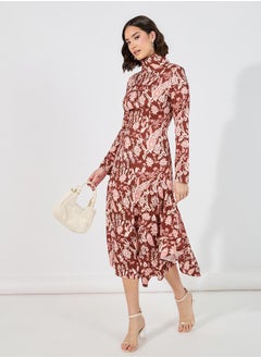 Buy Floral Print Asymmetric Hem A-Line Midi Dress in Saudi Arabia