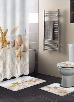 اشتري Summer Beach Scenery Shower Curtain Set, 4-Piece Ocean Bathroom Decor with Starfish, Seashells, and Sand Scene, Non-Slip Rug, Toilet Lid Cover, Waterproof Curtain, 12 Hooks Included في السعودية