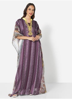 Buy SATIN SILK STRIPE PRINT WITH FLORAL BORDER FARASHA KAFTAN JALABIYA WITH HIGH NECK COLLAR in Saudi Arabia