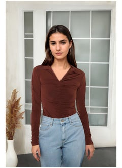 Buy Brown Slim Pleated Polo Neck Stretchy Knitted Blouse TWOAW23BZ00249 in Egypt