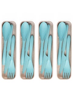 Buy Wheat Straw Cutlery Set - Set of 4 Portable Fork and Spoon Set with Travel Case & Spoon Box for School | Unbreakable, Reusable, Light Weight, EcoFriendly & Dishwasher Safe - Light Blue in UAE