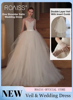 Buy Tail Wedding Dresses for Women Retro Mesh Lace Temperament Slim Fit Waisted Banquet Main Dress with Bow Design Ladies Light Bridal Welcome Gown with Double Veil and Gloves in Saudi Arabia