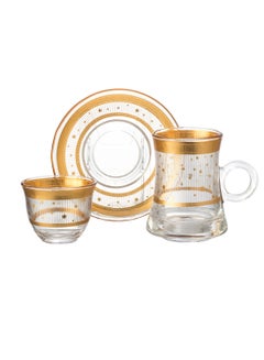 Buy 36 Pieces Arabic Glass Tea And Coffee Wet With Golden Decoration consisting Of 12 Tea Cups + 12 Tea Saucers + 12 Saudi Coffee Cups in Saudi Arabia
