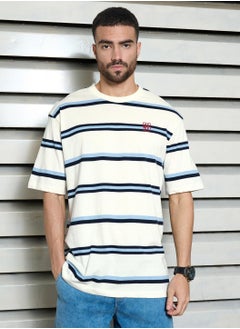 اشتري Relaxed White Striped T-Shirt for Men, Crew Neck and Casual Look في الامارات