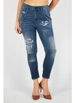 Buy Women Regular Fit Distressed Stretchable Denim, Blue in Saudi Arabia