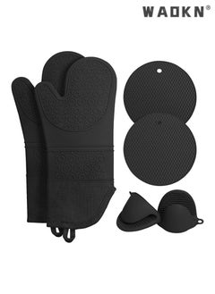 Buy Oven Mitts Set, Heat Resistant Silicone Gloves Anti-Hot Trivets Mats Cauldron Pan Dish Holders with Non-Slip for Kitchen Baking Cooking 6 Pcs Black in Saudi Arabia