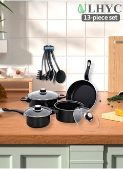 اشتري 13-Piece 13-Piece Cookware Set - Aluminum Pots and Pans - Nonstick Surface - Tempered Glass Lid - PFOA Free - Frying Pan, Covered Casserole, Covered Pan, Kitchen Tools - Black في السعودية