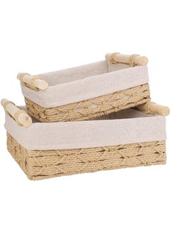 Buy 2-Pack Rectangle Woven Home Storage Baskets with Washable Liner, Paper Rope Storage Baskets Straw Rattan Basket for Organizing with Handle, Cosmetic Storage Box (Rectangle) in UAE