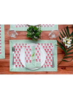 Buy 8 Piece Pink and Teal Hand Block Printed 100 Percent Canvas Cotton Table Placemats & Soft Cotton Napkin Set in UAE