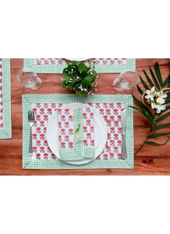 Buy 8 Piece Pink and Teal Hand Block Printed 100 Percent Canvas Cotton Table Placemats & Soft Cotton Napkin Set in UAE