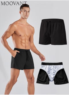 Buy Men's Casual Shorts with Briefs, Swim Shorts Trunks, Elastic Quick Dry Double-layer Athletic Shorts, Swimwear Bathing Suits with Pockets, Black in Saudi Arabia