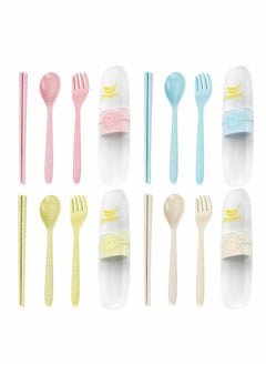 اشتري 3PCS Travel Utensils, 4 sets Reusable Portable Cutlery Set, Natural Wheat Straw Chopstick Fork and Spoon Set Plastic Silverware with Carrying Case, for School, Office, kids, Adult (4 sets, 4 colors) في الامارات