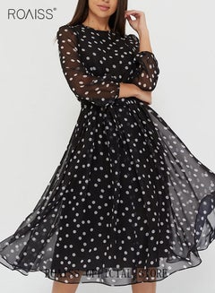 Buy Women's Long Sleeve Chiffon Dress Printed Fashion Lace Polka Dot Dress Spring Summer Drawstring Waist Midi Dress for Casual Party Black in Saudi Arabia