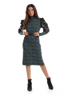 Buy WomenCasual Wool Short dressWith Leather Sleeves And Belt in Egypt