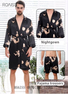 اشتري Pajama Shorts and Robe for Men Silk Dragon Pattern Pajamas Bathrobe gift for Boyfriend Husband Summer Loungewear Nightwear for Men في الامارات