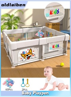 اشتري Baby Indoor And Outdoor Play Ground Playpen With Anti-Slip Base, 60 Pieces Ocean Balls, 2 Hand Pull Rings, 150 X 200 CM في السعودية